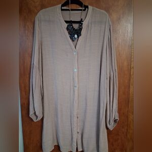 Chic Beige Button-Down Tunic Style Shirt for Women/with Necklace